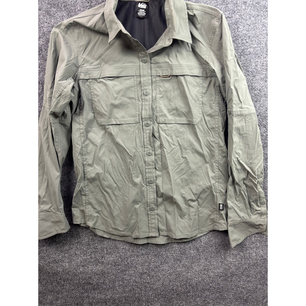 REI Co-op Sahara Hiking Shirt Womens XS Green Long Sleeve Roll Tab Button Down